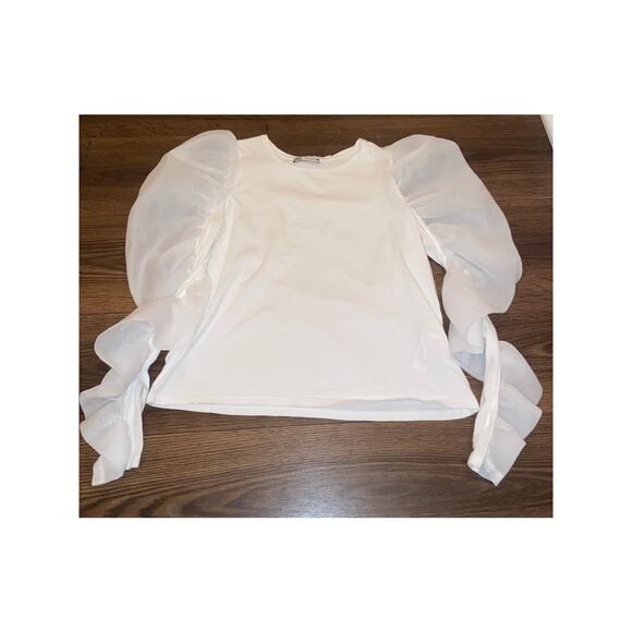 EUC ZARA Puff Sleeve Blouse White Size M | Sheer Organza Sleeve Top - Picture 10 of 10